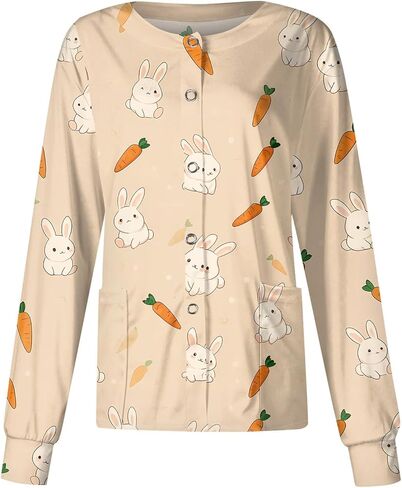 Scrub Jackets for Woman Easter Bunny & Eggs Print Scrub Top Plus Size Button-Up Long Sleeve Nurse Jacket with Pockets in Saudi Arabia