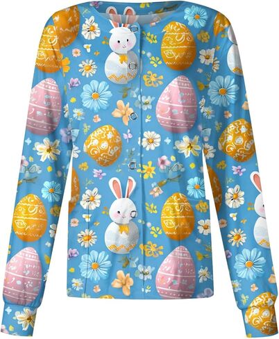 Scrub Jackets for Woman Easter Bunny & Eggs Print Scrub Top Plus Size Button-Up Long Sleeve Nurse Jacket with Pockets in Saudi Arabia