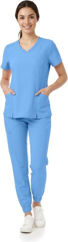 طقم الزي الطبي الفاخر للسيدات من MediChic، قميص علوي وسروال للركض برقبة على شكل حرف V، نسيج ناعم مطاطي، مطاطي في 4 اتجاهات in Kuwait