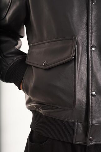 Men's Black Genuine Lambskin Bomber Motorcycle Leather Jacket | Button-Up Closure | Dual-Side Pockets in Saudi Arabia