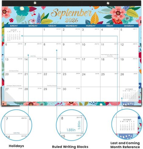 Desk Calendar/Calendar 2025-2026 - Jul. 2025 - Dec. 2026, 18 Monthly Desk/Wall Calendar 2025-2026,12" x 15", Thick Paper with Corner Protectors, Large Ruled Blocks - Floral in Kuwait