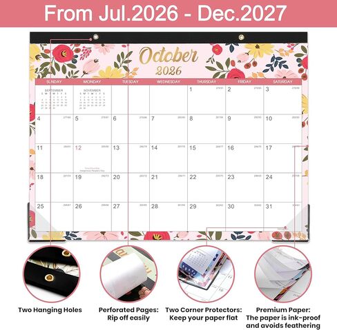 Desk Calendar/Calendar 2025-2026 - Jul. 2025 - Dec. 2026, 18 Monthly Desk/Wall Calendar 2025-2026,12" x 15", Thick Paper with Corner Protectors, Large Ruled Blocks - Floral in Kuwait