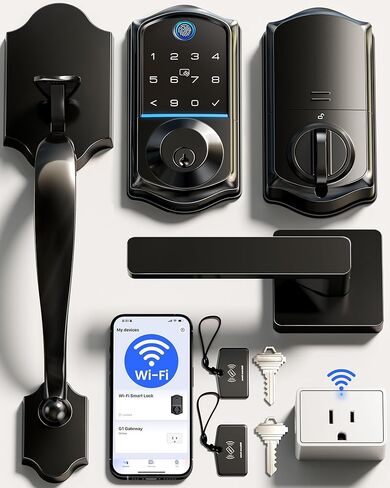Veise VE017G-H مجموعة قفل الباب الأمامي الذكي ببصمة الإصبع Wi-Fi، التحكم عن بعد في التطبيق، قفل دخول بدون مفتاح مع مقبض، لوحة مفاتيح بإضاءة خلفية، مقاومة للطقس IP55، قفل تلقائي، سهل التركيب، أسود غير لامع in Saudi Arabia