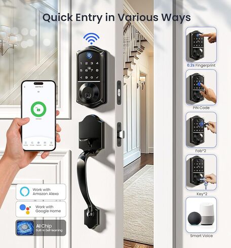 Veise VE017G-H مجموعة قفل الباب الأمامي الذكي ببصمة الإصبع Wi-Fi، التحكم عن بعد في التطبيق، قفل دخول بدون مفتاح مع مقبض، لوحة مفاتيح بإضاءة خلفية، مقاومة للطقس IP55، قفل تلقائي، سهل التركيب، أسود غير لامع in Kuwait
