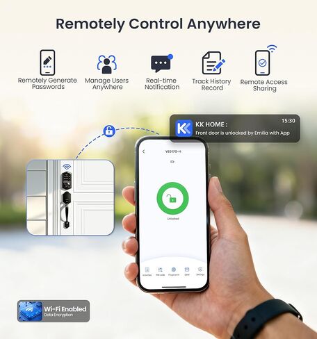 Veise VE017G-H مجموعة قفل الباب الأمامي الذكي ببصمة الإصبع Wi-Fi، التحكم عن بعد في التطبيق، قفل دخول بدون مفتاح مع مقبض، لوحة مفاتيح بإضاءة خلفية، مقاومة للطقس IP55، قفل تلقائي، سهل التركيب، أسود غير لامع in Kuwait