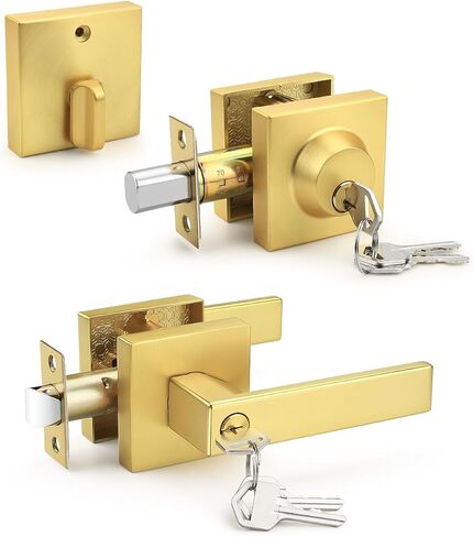 3 Pack Brushed Gold Keyed Alike Front/Exterior Door Lever with Single Cylinder Deadbolt, Satin Brass Entry Door Knob Lock Set Combo Sets, for Entrance/Front and Office Doors in Kuwait