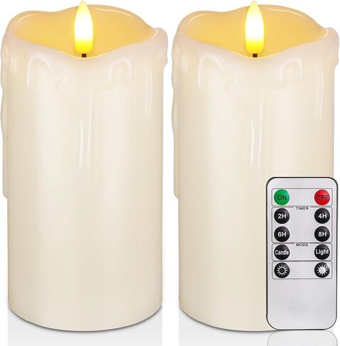 Homemory Dripping Wax Flameless Candles, Battery Operated Candles with Remote Control and Timers, LED Pillar Candles, Electric Fake Candles, 3" x 6", Set of 2 in Kuwait