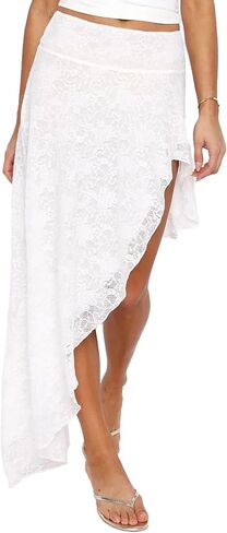 تنورة نسائية متوسطة الطول بحاشية غير متناظرة من الدانتيل، تنانير طويلة للشاطئ بخصر عالٍ ومطاطة مثيرة in Kuwait