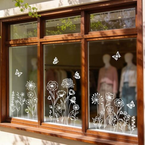 AnyDesign 10 ورقات نافذة زهرة الربيع تلتصق بالزهور نافذة الشارات البيضاء فراشة الزهرة البرية ملصقات قابلة لإعادة الاستخدام لتزيين الحفلات ومتجر المنزل والفصول الدراسية in Saudi Arabia