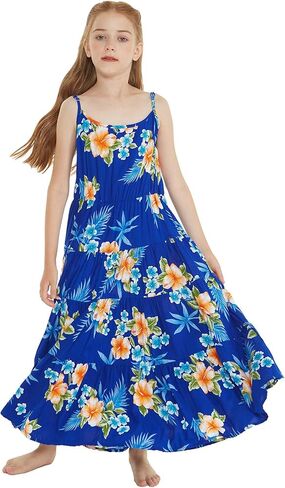 Girl Hawaiian Maxi Tiered Dress in Hibiscus Blue in Saudi Arabia