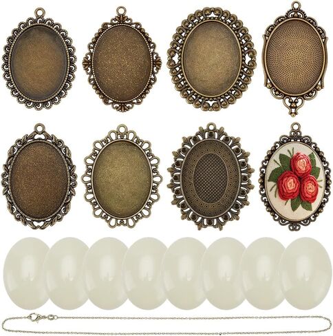 FREEBLOSS 8 Set Embroidery Pendant Tray Charm Set Oval Blank Necklace Pendant Base for Embroidery, Round Bezel Trays Blanks Alloy Necklace Pendants Frames Bulk in Saudi Arabia