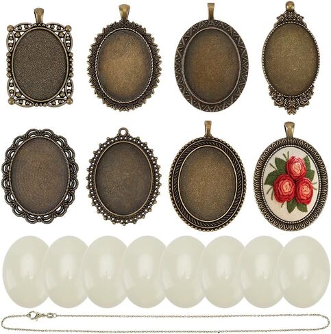 FREEBLOSS 8 Set Embroidery Pendant Tray Charm Set Oval Blank Necklace Pendant Base for Embroidery, Round Bezel Trays Blanks Alloy Necklace Pendants Frames Bulk in Saudi Arabia