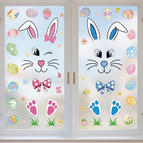 ملصقات نافذة أرنب عيد الفصح، مقاس 30.48 × 60.96 سم، ملصقات ثابتة كبيرة قابلة لإعادة الاستخدام مع البيض، شارات زنبركية لثلاجة باب زجاجي النافذة in Kuwait