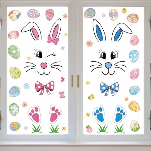 ملصقات نافذة أرنب عيد الفصح، مقاس 30.48 × 60.96 سم، ملصقات ثابتة كبيرة قابلة لإعادة الاستخدام مع البيض، شارات زنبركية لثلاجة باب زجاجي النافذة in Kuwait