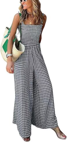 ebossy Women's Casual Plaid Gingham Wide Leg Jumpsuits Spaghetti Straps Long Smocked Overalls Rompers in Saudi Arabia