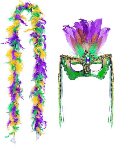 Sucrain Carnival Masquerade Mask and 71 Inch Mardi Gras Feather Boa for Women Costume Party Supplies in Saudi Arabia