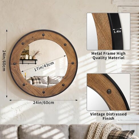مرآة حائط مستديرة ريفية مقاس 60.96 سم، إطار خشبي طبيعي مع زخرفة معدنية سوداء، مرآة حائط على طراز المزرعة الصناعية مع لمسات رأس أظافر مزخرفة للحمام أو غرفة المعيشة أو المدخل in Kuwait
