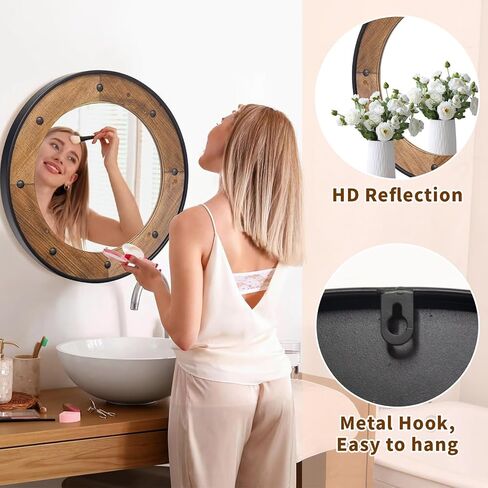 مرآة حائط مستديرة ريفية مقاس 60.96 سم، إطار خشبي طبيعي مع زخرفة معدنية سوداء، مرآة حائط على طراز المزرعة الصناعية مع لمسات رأس أظافر مزخرفة للحمام أو غرفة المعيشة أو المدخل in Kuwait