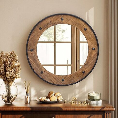 مرآة حائط مستديرة ريفية مقاس 60.96 سم، إطار خشبي طبيعي مع زخرفة معدنية سوداء، مرآة حائط على طراز المزرعة الصناعية مع لمسات رأس أظافر مزخرفة للحمام أو غرفة المعيشة أو المدخل in Kuwait