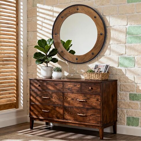 مرآة حائط مستديرة ريفية مقاس 60.96 سم، إطار خشبي طبيعي مع زخرفة معدنية سوداء، مرآة حائط على طراز المزرعة الصناعية مع لمسات رأس أظافر مزخرفة للحمام أو غرفة المعيشة أو المدخل in Kuwait