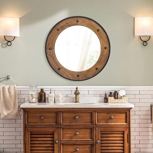 مرآة حائط مستديرة ريفية مقاس 60.96 سم، إطار خشبي طبيعي مع زخرفة معدنية سوداء، مرآة حائط على طراز المزرعة الصناعية مع لمسات رأس أظافر مزخرفة للحمام أو غرفة المعيشة أو المدخل in Kuwait