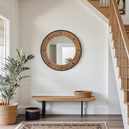 مرآة حائط مستديرة ريفية مقاس 60.96 سم، إطار خشبي طبيعي مع زخرفة معدنية سوداء، مرآة حائط على طراز المزرعة الصناعية مع لمسات رأس أظافر مزخرفة للحمام أو غرفة المعيشة أو المدخل in Kuwait