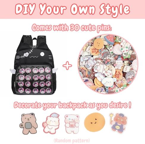 Backpack Ita Bag Pin Display Kawaii Cat-Ear Large Capacity with Insert for Weekende Cosplay (Black) in Saudi Arabia