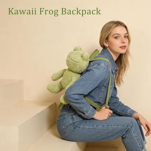 حقيبة ظهر Bycobecy اللطيفة للحيوانات المحشوة على شكل ضفدع للنساء، حقيبة ظهر من القطيفة على شكل ضفدع Kawaii ومحفظة جديدة مع حزام قابل للتعديل (أخضر) in Kuwait