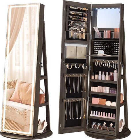 SONGMICS LED Mirror Jewelry Cabinet Standing, Lockable Jewelry Armoire with Full-Length Mirror and Adjustable LED Lights, Space-Saving Jewelry Organizer with Mirror, Gift Idea, Cloud White UJJC008W01 in Kuwait