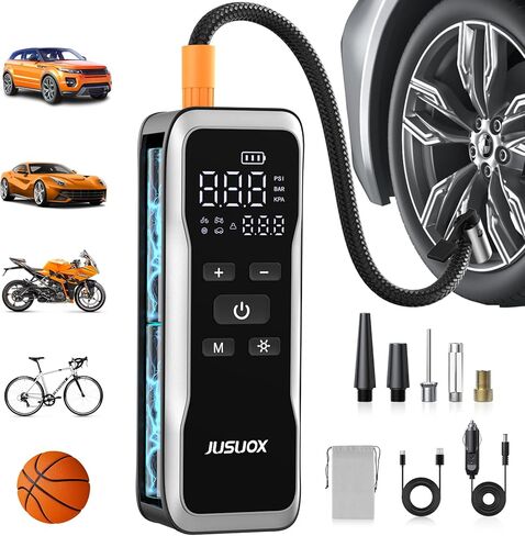 Tire Inflator Portable Air Compressor, Dual Power (Cordless & 12V DC) Air Pump for Car Tires, 150PSI Fast Air Pump for Moto, Bike, Large Capacity Battery, Digital Gauge with Emergency LED Light in Kuwait
