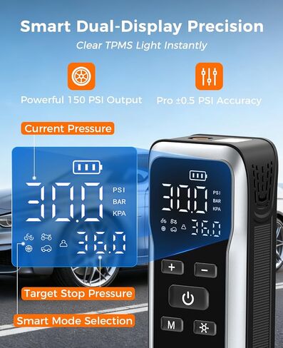 Tire Inflator Portable Air Compressor, Dual Power (Cordless & 12V DC) Air Pump for Car Tires, 150PSI Fast Air Pump for Moto, Bike, Large Capacity Battery, Digital Gauge with Emergency LED Light in Kuwait