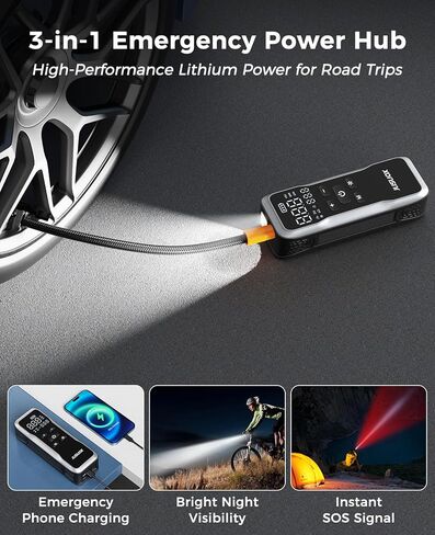 Tire Inflator Portable Air Compressor, Dual Power (Cordless & 12V DC) Air Pump for Car Tires, 150PSI Fast Air Pump for Moto, Bike, Large Capacity Battery, Digital Gauge with Emergency LED Light in Kuwait