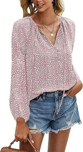 قميص شيفون نسائي برقبة على شكل حرف V بوهو بوهو منقوش عليه زهور وأكمام طويلة بلوزات فضفاضة وقمصان in Kuwait