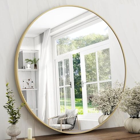 مرآة حمام مستديرة مقاس 32 بوصة - مرآة دائرية سوداء مثبتة على الحائط بإطار معدني، مرآة معلقة مستديرة حديثة مناسبة للحمام والزينة والمدخل وغرفة المعيشة in Kuwait