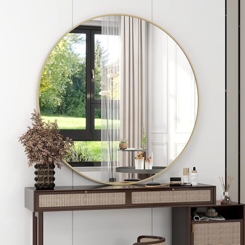 مرآة حمام مستديرة مقاس 32 بوصة - مرآة دائرية سوداء مثبتة على الحائط بإطار معدني، مرآة معلقة مستديرة حديثة مناسبة للحمام والزينة والمدخل وغرفة المعيشة in Kuwait