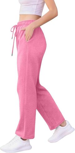 Womens Fleece Lined Wide Leg Track Pants Loose Straight Jogger Sweatpants Elastic Waist Pockets Soft Warm Casual Sports Wear in Saudi Arabia