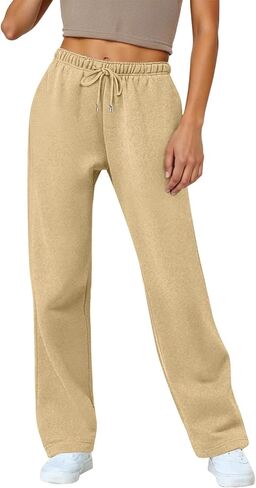 Womens Fleece Lined Wide Leg Track Pants Loose Straight Jogger Sweatpants Elastic Waist Pockets Soft Warm Casual Sports Wear in Saudi Arabia