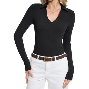 BAISHENGGT Womens Polo Shirts Long Sleeve Business Casual Basic Tops V Neck Ribbed Knit Sweater Slim Fitted Work Blouses in Saudi Arabia