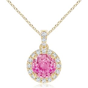 Angara Natural Pink Sapphire Pendant for Women | Round Pink Sapphire Dangle Pendant with Diamond Halo in 14K Solid Gold/Platinum With 18" Chain | Birthday, Anniversary, Gemstone Jewelry Gift in Kuwait