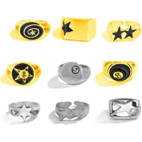 9Pcs Chunky Thick Billiards Black Eight Finger Rings Set Gothic Punk Stackable Knuckle Band Rings Gold Silver Stars Black 8 Jewelry for Women Men in Saudi Arabia