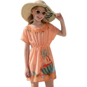 Haloumoning Girls Swim Cover Up Kids Summer Printed Short Sleeve Swimsuit Coverup Beach Bathing Suit Swimwear 5-14Y in Kuwait