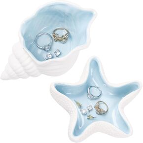 Ocean Ceramic Jewelry Tray, Starfish Conch Seashells Mermaid Decorative Trinket Dish Holder for Ring Earrings Necklaces Bracelet, Beach Themed Coastal Room Bathroom Decor Gifts (2, Starfish&Conch) in Kuwait