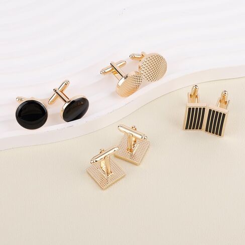 4 Pairs Cufflinks for Men, Classic Rectangle Striped Round Gold-Tone Cuff Links Set for Men Groom Shirts Suits (4 Designs) in Saudi Arabia