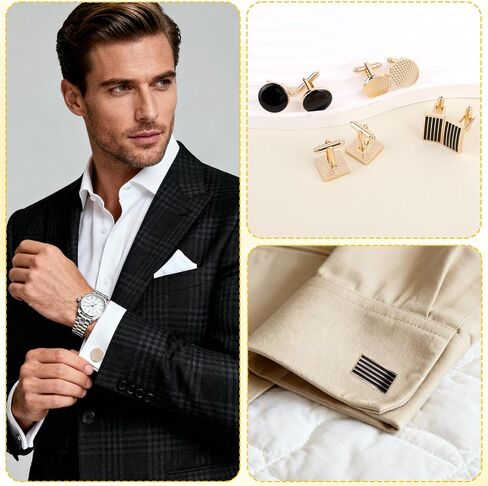 4 Pairs Cufflinks for Men, Classic Rectangle Striped Round Gold-Tone Cuff Links Set for Men Groom Shirts Suits (4 Designs) in Saudi Arabia