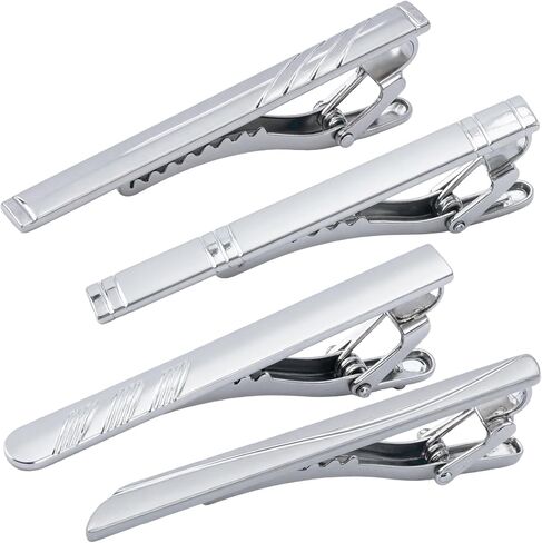 PAGOW 4 Pcs Tie Clips for Men, Silver Tie Clip, Metal Tie Bar, Classic Tie Pin for Men Formal Events, Professional Office Wear, Business (4 Styles) in Saudi Arabia