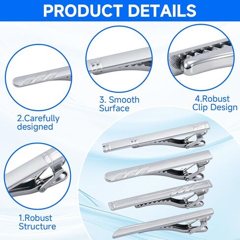 PAGOW 4 Pcs Tie Clips for Men, Silver Tie Clip, Metal Tie Bar, Classic Tie Pin for Men Formal Events, Professional Office Wear, Business (4 Styles) in Saudi Arabia