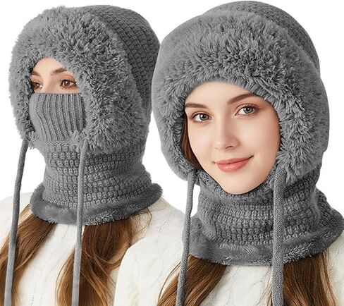 قبعة صغيرة 3 في 1 مع وشاح وقناع، قبعة وشاح مقاومة للرياح للنساء في الهواء الطلق، مجموعة قناع تزلج محبوك (رمادي) in Kuwait