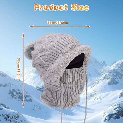 قبعة صغيرة 3 في 1 مع وشاح وقناع، قبعة وشاح مقاومة للرياح للنساء في الهواء الطلق، مجموعة قناع تزلج محبوك (رمادي) in Kuwait