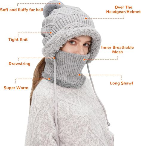 قبعة صغيرة 3 في 1 مع وشاح وقناع، قبعة وشاح مقاومة للرياح للنساء في الهواء الطلق، مجموعة قناع تزلج محبوك (رمادي) in Kuwait