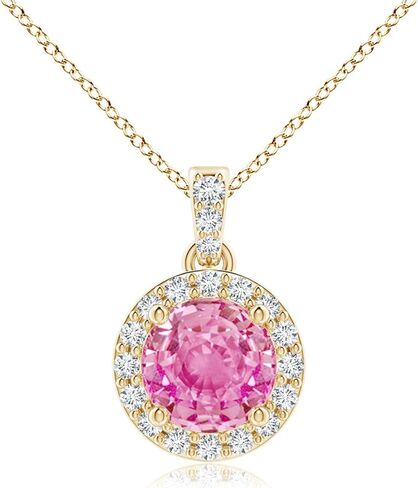 Angara Natural Pink Sapphire Pendant for Women | Round Pink Sapphire Dangle Pendant with Diamond Halo in 14K Solid Gold/Platinum With 18" Chain | Birthday, Anniversary, Gemstone Jewelry Gift in Saudi Arabia